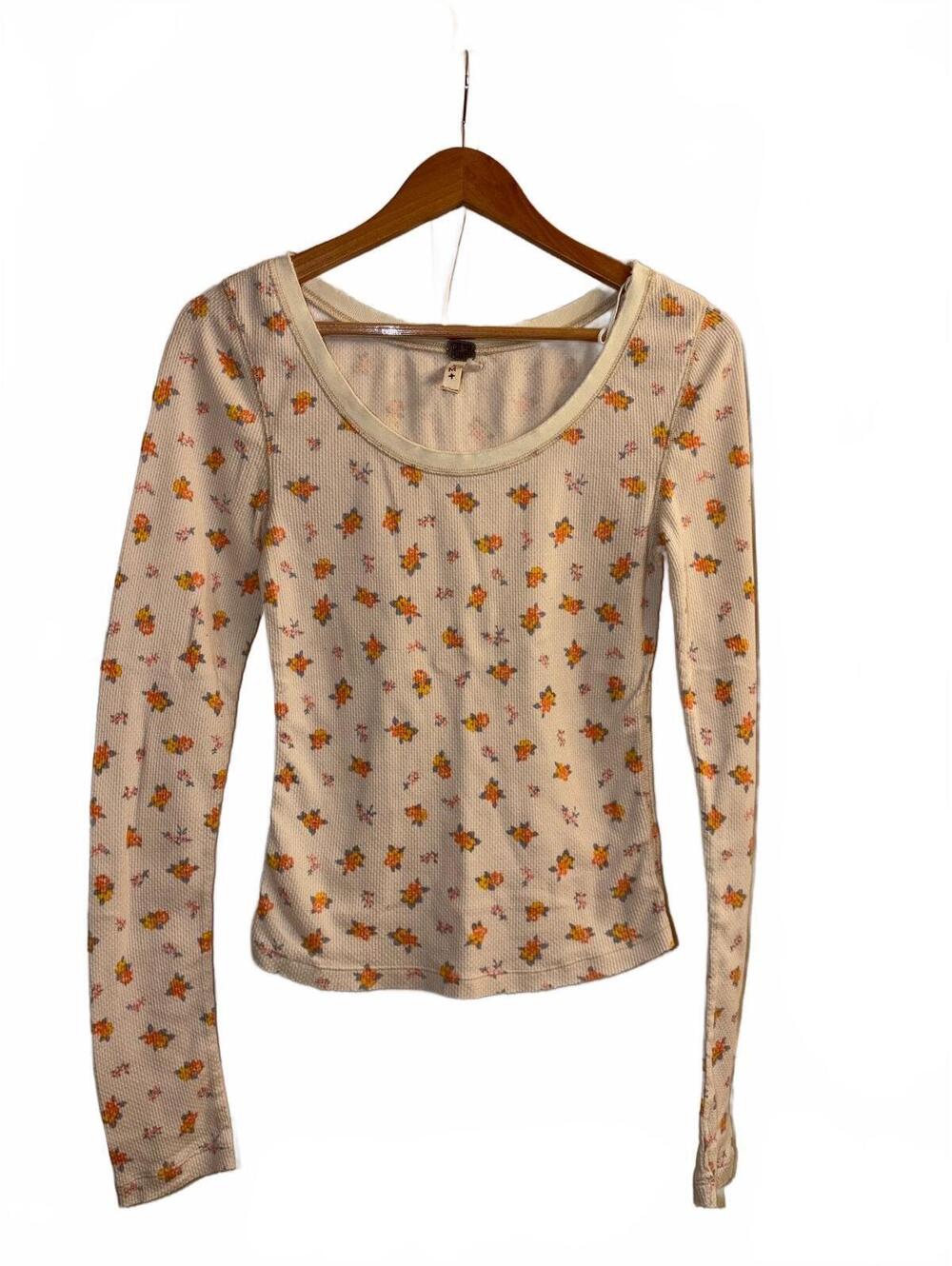Y2K Free People Cream floral long sleeve waffle top